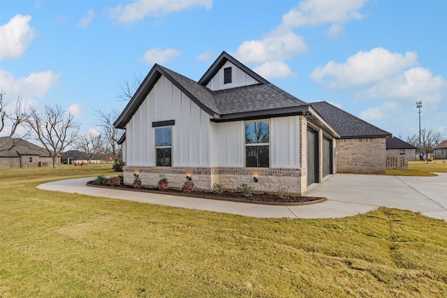 view of property exterior with a garage and a yard