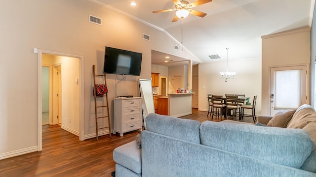 living room featuring wood-type flooring, ceiling fan with notable chandelier, high vaulted ceiling, and crown molding