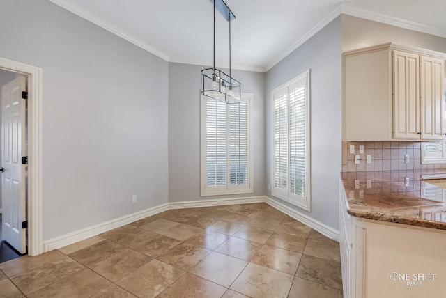 unfurnished dining area with ornamental molding, light tile patterned floors, and a notable chandelier