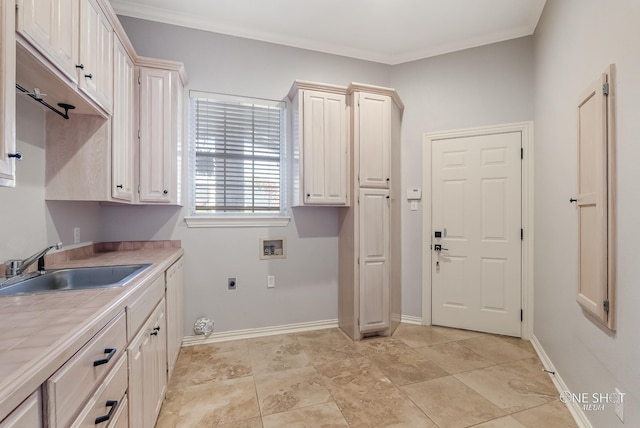 washroom featuring hookup for a washing machine, crown molding, electric dryer hookup, and sink