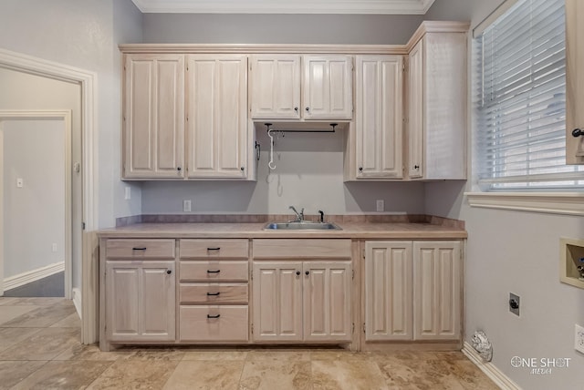 kitchen with ornamental molding and sink