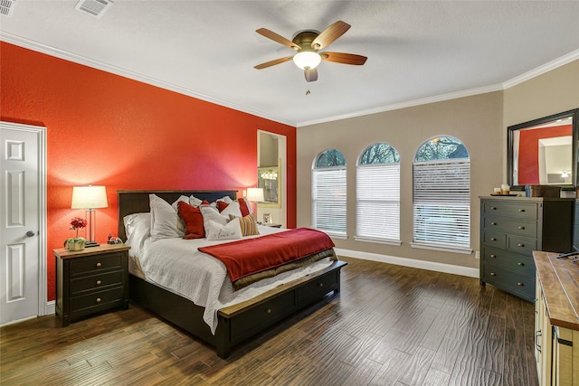 bedroom featuring ornamental molding, ceiling fan, and dark hardwood / wood-style flooring