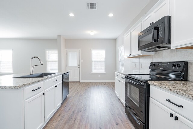 kitchen featuring light hardwood / wood-style floors, plenty of natural light, black appliances, and sink