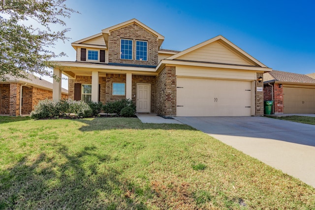 view of front of property with a porch, a garage, and a front lawn