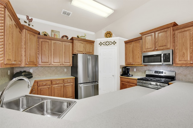 kitchen with backsplash, crown molding, sink, vaulted ceiling, and appliances with stainless steel finishes