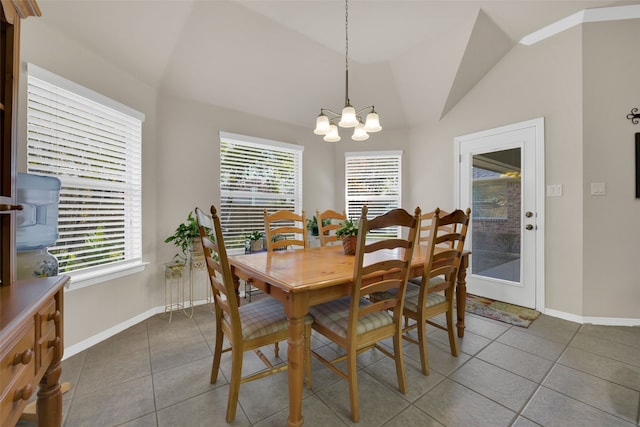 dining area featuring a healthy amount of sunlight, tile patterned floors, and lofted ceiling