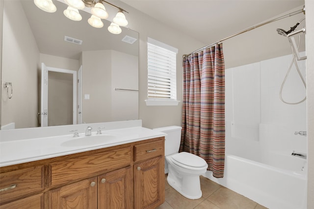 full bathroom with toilet, vanity, tile patterned floors, and shower / bath combo with shower curtain