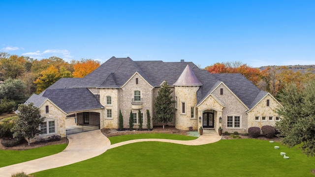 french country inspired facade featuring a front yard and a chimney