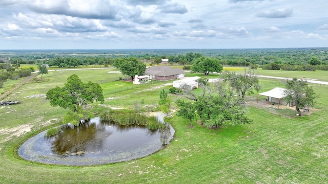 aerial view featuring a water view and a rural view