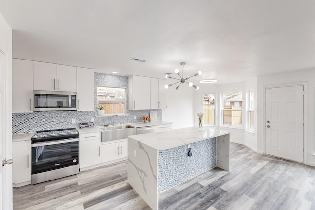 kitchen with white cabinetry, sink, stainless steel appliances, a kitchen island, and light wood-type flooring