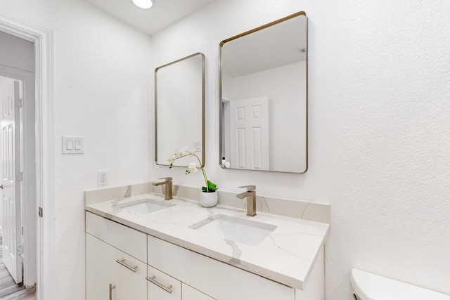 bathroom featuring hardwood / wood-style floors, vanity, and toilet