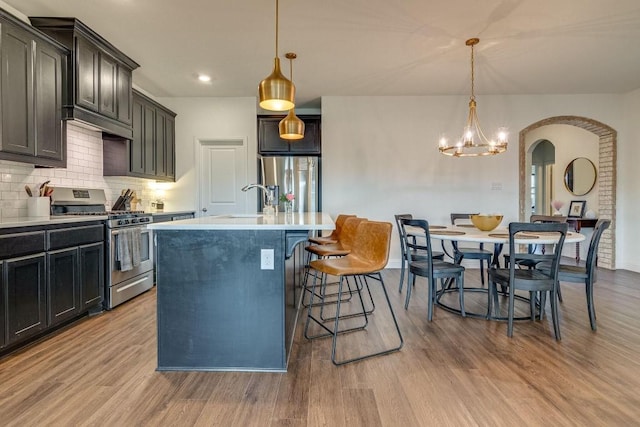 kitchen with a center island with sink, light wood-type flooring, hanging light fixtures, and appliances with stainless steel finishes