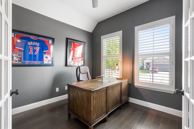 office area with dark hardwood / wood-style floors, ceiling fan, lofted ceiling, and french doors