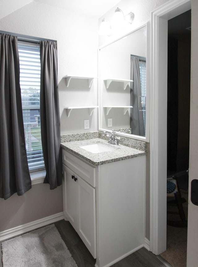 bathroom with vanity, hardwood / wood-style floors, and plenty of natural light