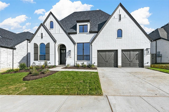 french country home with a front lawn and a garage