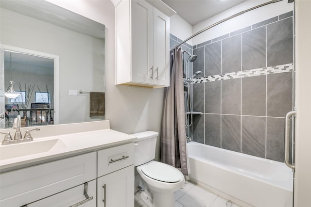 full bathroom with shower / tub combo, vanity, and toilet