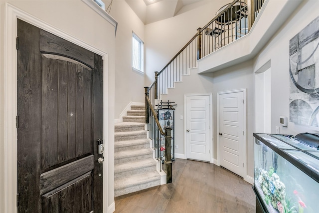 entryway featuring a towering ceiling and wood-type flooring