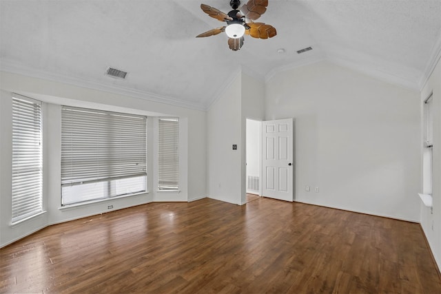 unfurnished living room with lofted ceiling, hardwood / wood-style flooring, crown molding, and ceiling fan