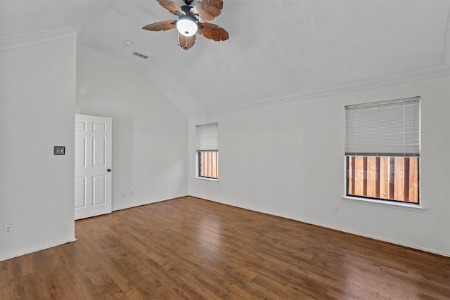 unfurnished living room with hardwood / wood-style flooring, ceiling fan, crown molding, and vaulted ceiling