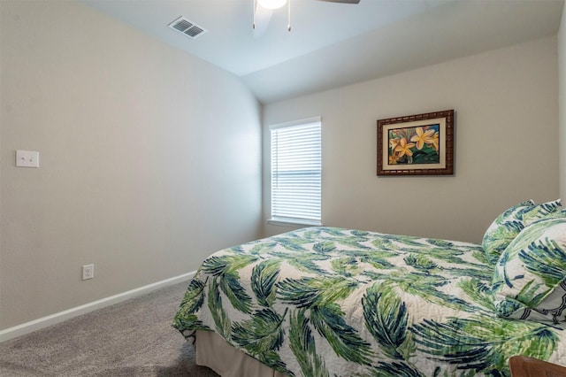 bedroom with carpet floors, ceiling fan, and lofted ceiling