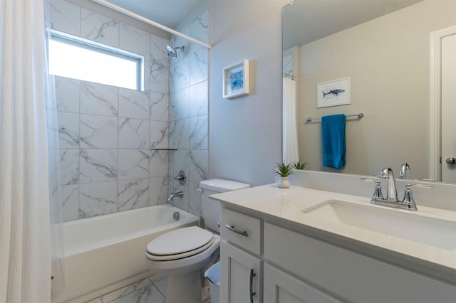 full bathroom with vanity, toilet, and shower / bathtub combination with curtain