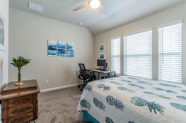 bedroom featuring ceiling fan, light carpet, and vaulted ceiling