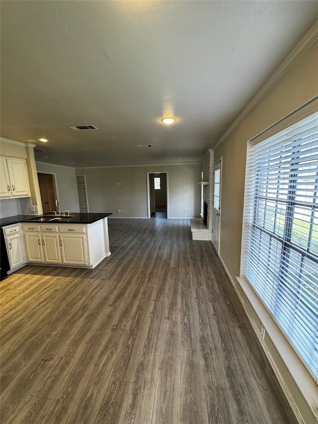 kitchen with white cabinets, sink, ornamental molding, a fireplace, and dark hardwood / wood-style flooring