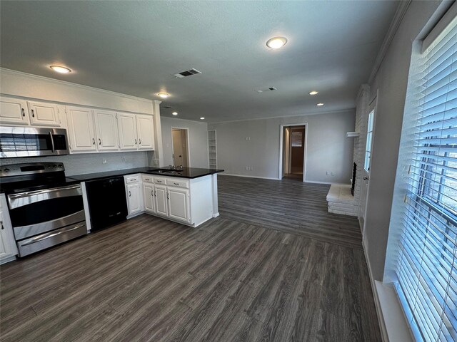 1629 Jasmine Ln, Plano, TX 75074 - kitchen featuring open floor plan, dark wood-style floors, ornamental molding, a fireplace, and dark countertops
