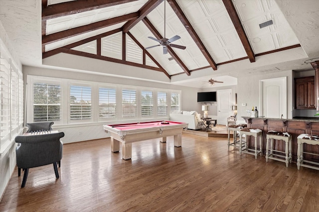 rec room featuring high vaulted ceiling, ceiling fan, wood-type flooring, and pool table