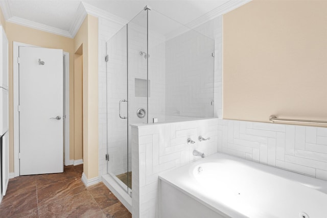 bathroom featuring crown molding and independent shower and bath