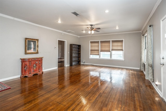 unfurnished living room with dark hardwood / wood-style flooring, crown molding, and ceiling fan