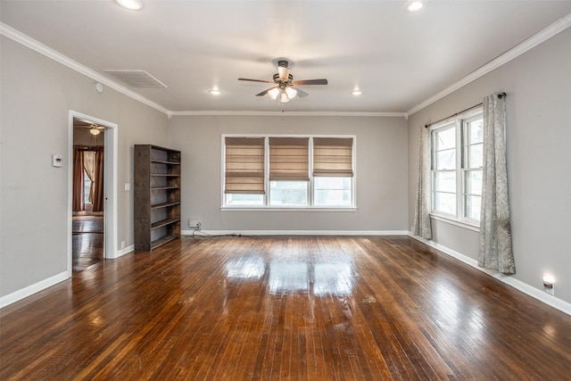 unfurnished room with ceiling fan, dark wood-type flooring, and ornamental molding