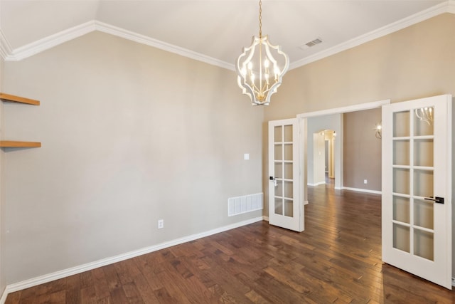 unfurnished room featuring french doors, vaulted ceiling, crown molding, a chandelier, and dark hardwood / wood-style floors