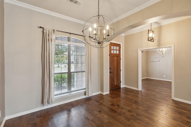 interior space with crown molding and dark wood-type flooring