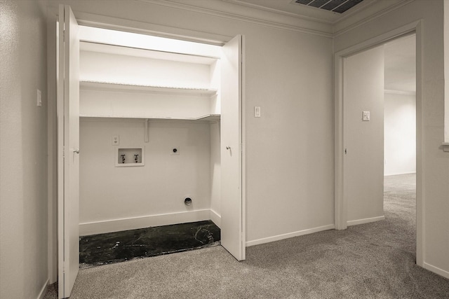 laundry room featuring crown molding, carpet floors, washer hookup, and hookup for an electric dryer