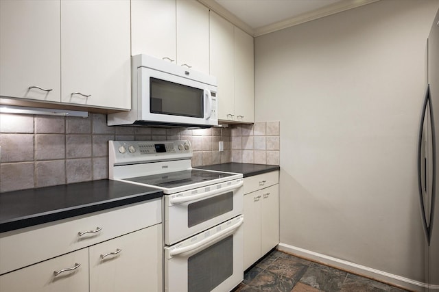 kitchen featuring backsplash, white cabinetry, crown molding, and white appliances