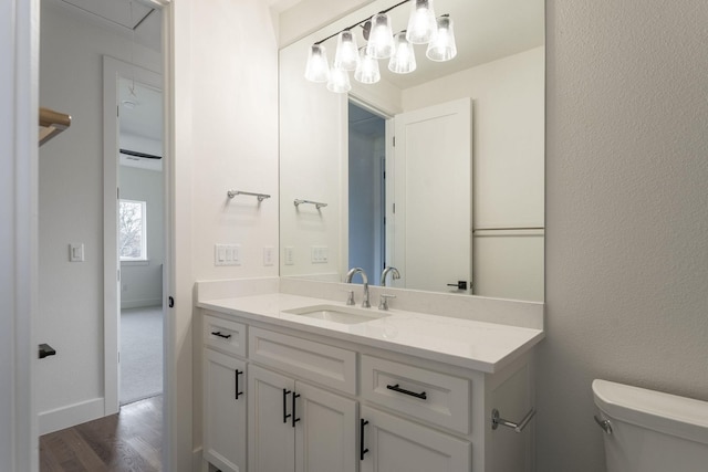 bathroom with vanity, wood-type flooring, and toilet