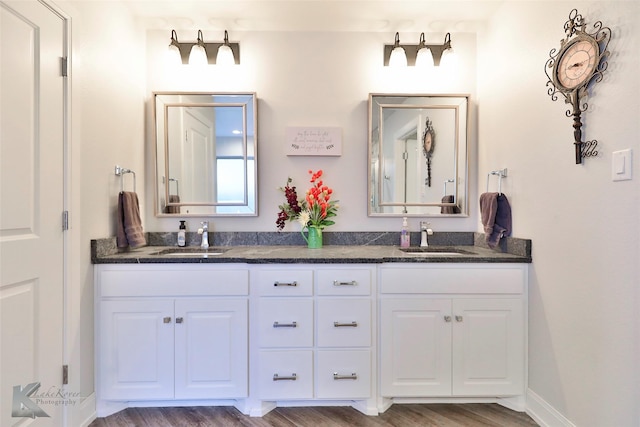 bathroom with hardwood / wood-style flooring and vanity