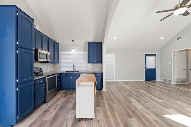 kitchen with sink, blue cabinetry, light hardwood / wood-style floors, and appliances with stainless steel finishes