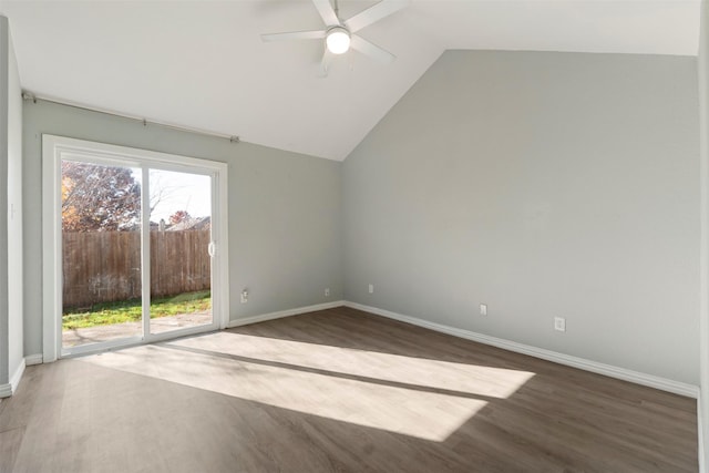 unfurnished room with lofted ceiling, hardwood / wood-style floors, and ceiling fan