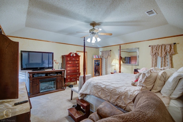 111 White Rd, Frierson, LA 71027 - carpeted bedroom with lofted ceiling, ceiling fan, crown molding, and a textured ceiling
