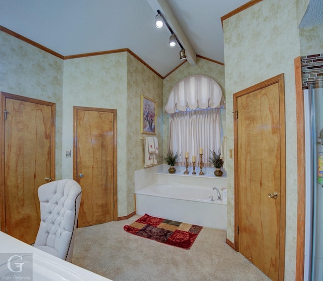 111 White Rd, Frierson, LA 71027 - bathroom featuring crown molding, beam ceiling, high vaulted ceiling, and a tub