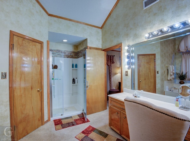 111 White Rd, Frierson, LA 71027 - bathroom with vanity, high vaulted ceiling, crown molding, and a shower with door