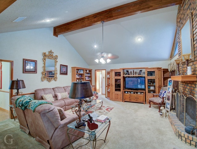 111 White Rd, Frierson, LA 71027 - carpeted living room with a chandelier, high vaulted ceiling, a brick fireplace, a textured ceiling, and beam ceiling