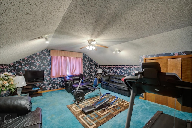 111 White Rd, Frierson, LA 71027 - carpeted living room featuring ceiling fan, lofted ceiling, and a textured ceiling