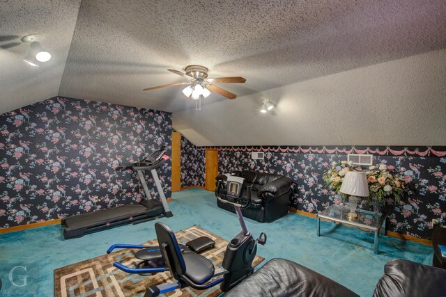 111 White Rd, Frierson, LA 71027 - carpeted living room featuring lofted ceiling, ceiling fan, and a textured ceiling