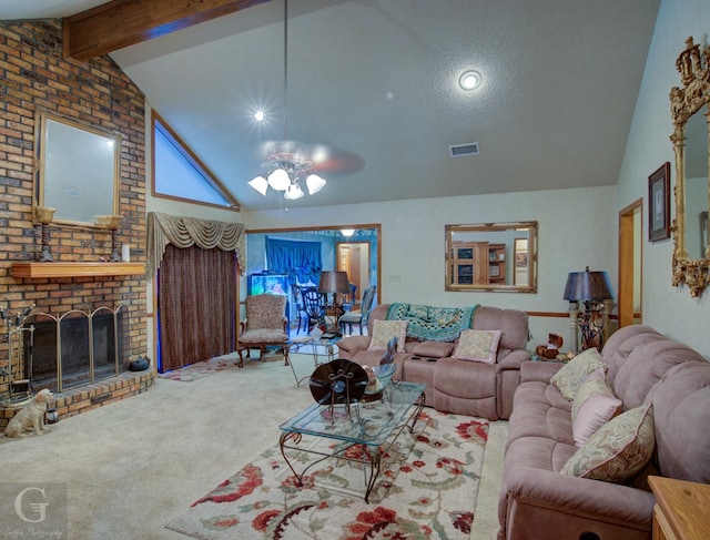 111 White Rd, Frierson, LA 71027 - carpeted living room featuring ceiling fan, beam ceiling, high vaulted ceiling, a textured ceiling, and a brick fireplace
