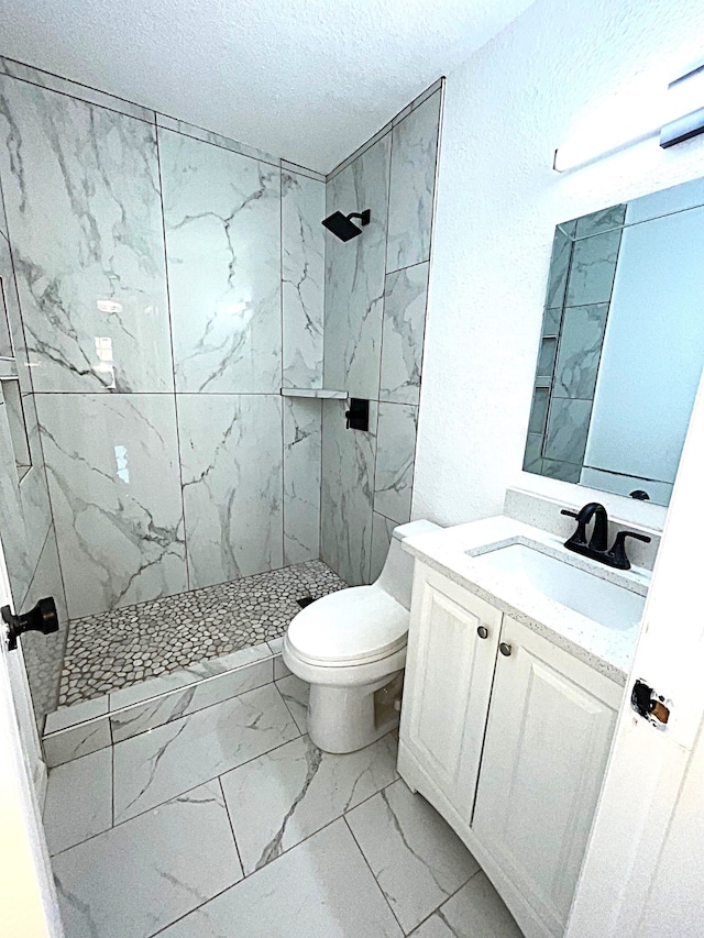 bathroom with vanity, a tile shower, a textured ceiling, and toilet