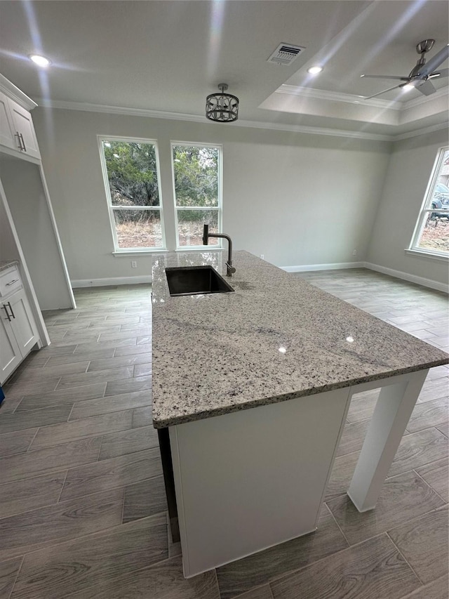 kitchen with white cabinetry, sink, and a kitchen island with sink