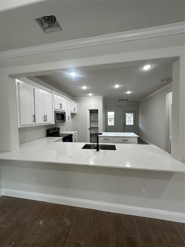 kitchen featuring kitchen peninsula, sink, white cabinets, and black / electric stove